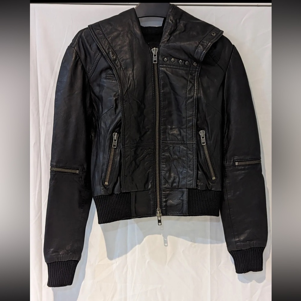 All Saints Cobra Leather Bomber Jacket Hoodie